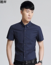 雅岸 2015高档正品翻领提花短袖男士衬衫 中年免烫开衫休闲格子男式衬衣男 XL4064 藏蓝色 L