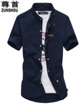 尊首 2015夏款男装 男士韩版修身短袖衬衫 商务休闲衬衣男 免烫衬衫男潮 CS013藏青 L